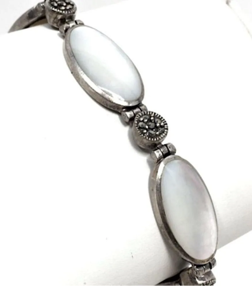 Mother of Pearl Cabochon Marcasite Accent Sterling Silver Link Bracelet - Image 4