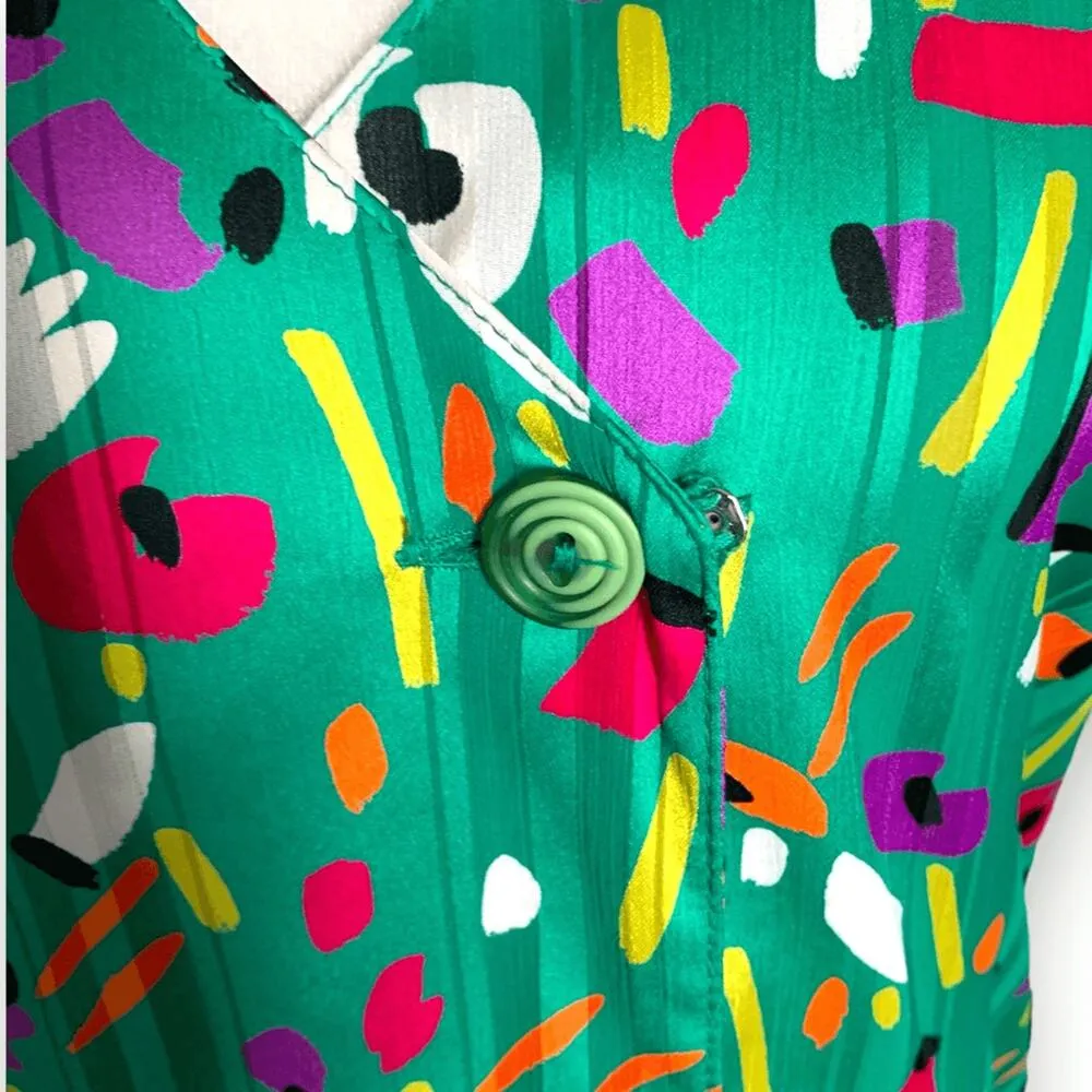 Vintage Howard Wolf Green Abstract Floral Print Mini Dress Ruffle Hem Made USA 6 - Image 6