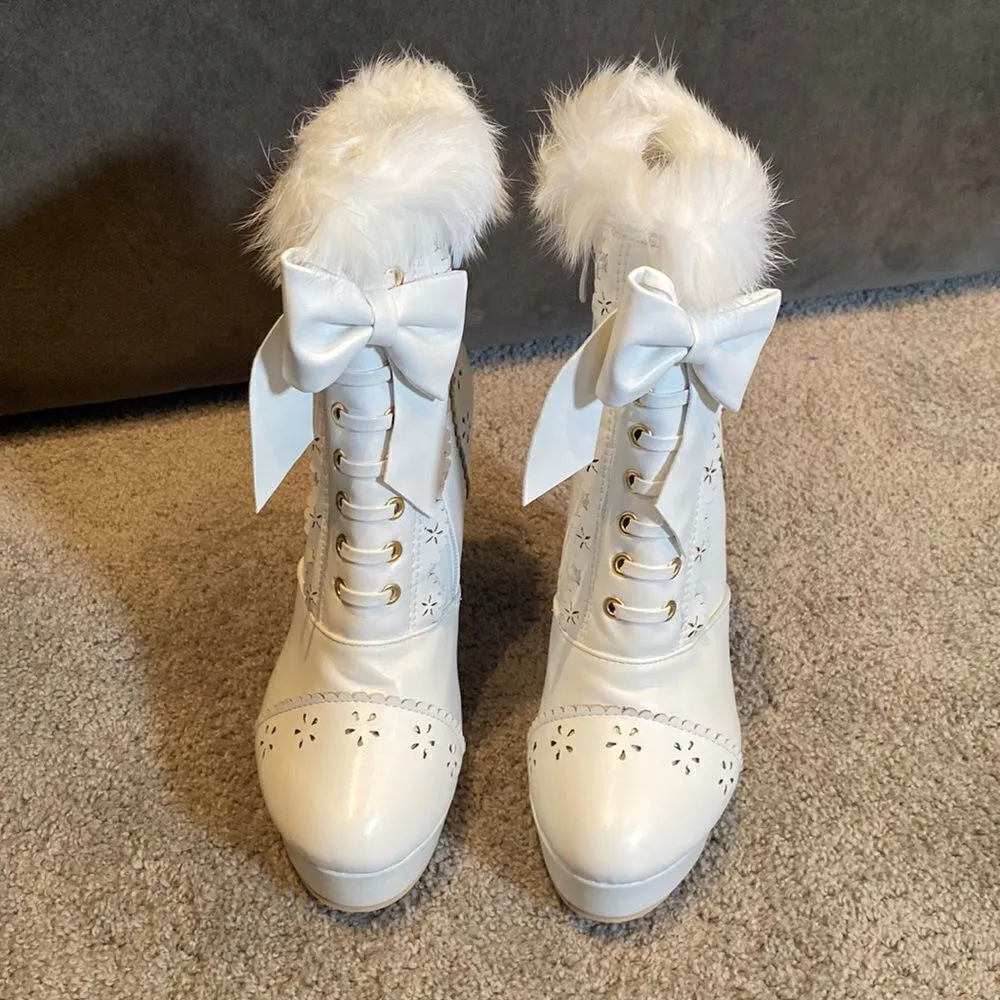 Women’s White Chunky High Heeled Boots Faux Fur Trim Size 39EU (8.5 US) NEW - Image 4