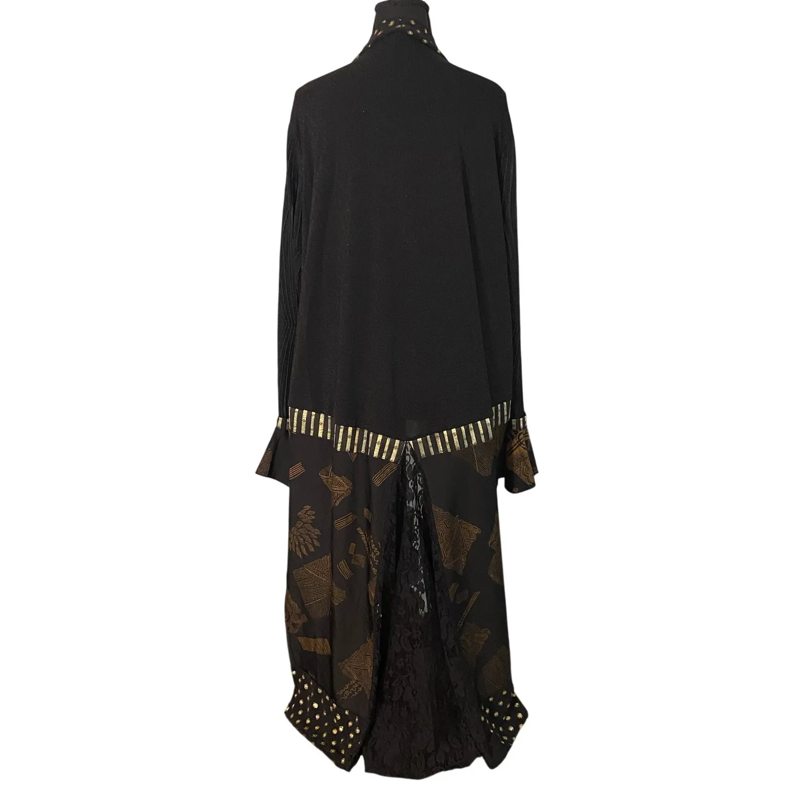 Indigo Moon Black Beaded Open Front Duster Kimono Bell Cuff Small Boho Artwear Gold - Image 3
