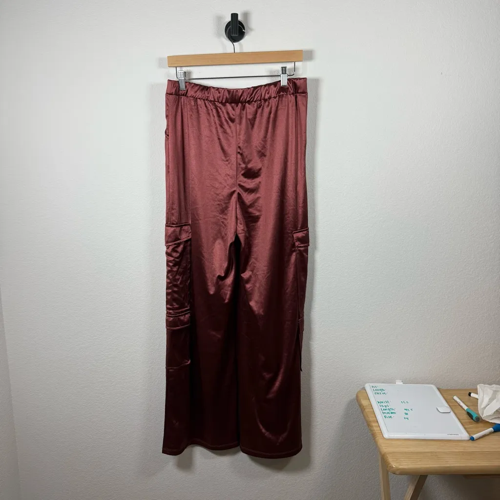 Persaya Women’s Wide Leg Satin Cargo Pants in Burgundy/Brown Size XL - Image 7