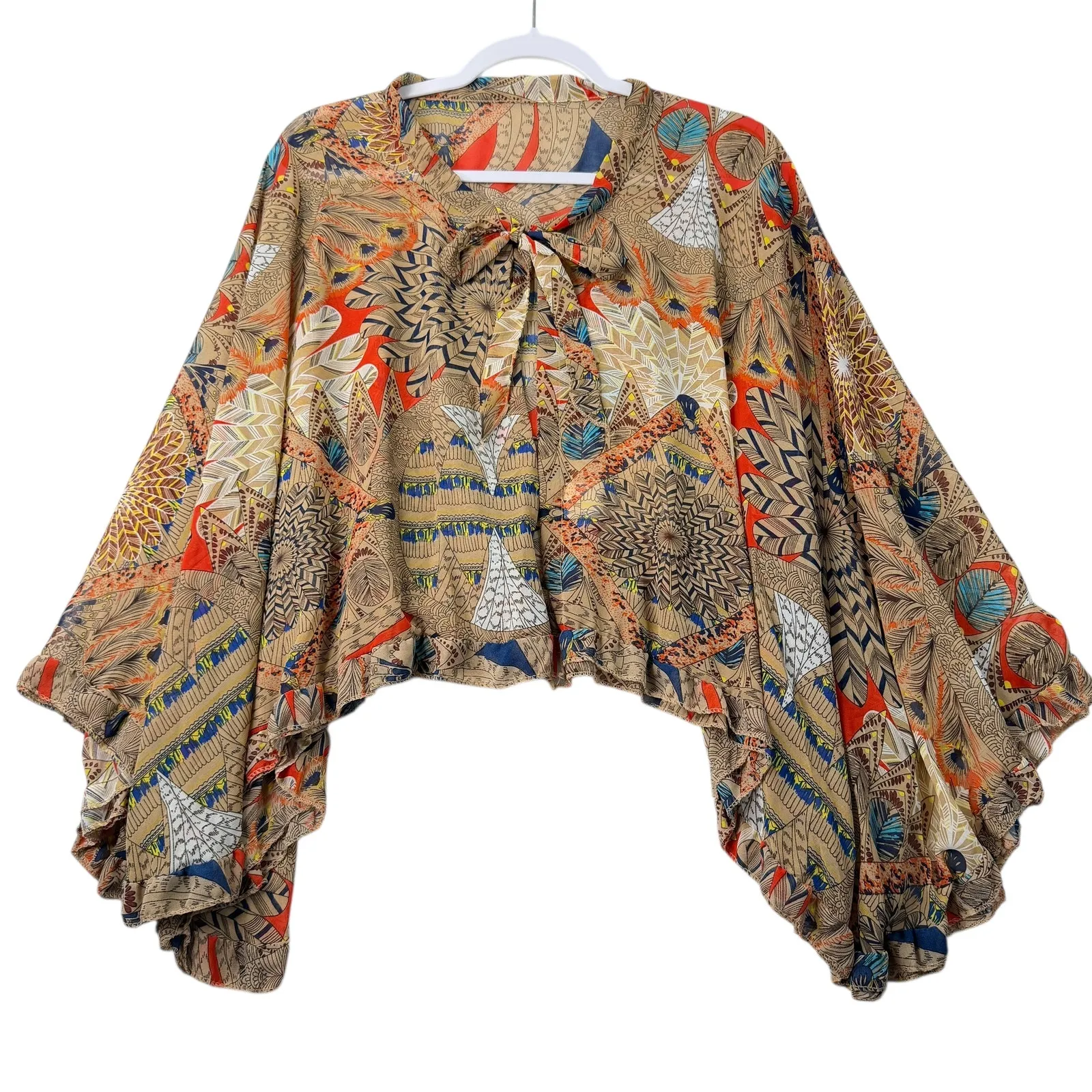 HOPE Boho Sheer Printed Cape Poncho Top Tan Tie Neck Ruffle Hem Festival Hippie Orange Size undefined - Image 2