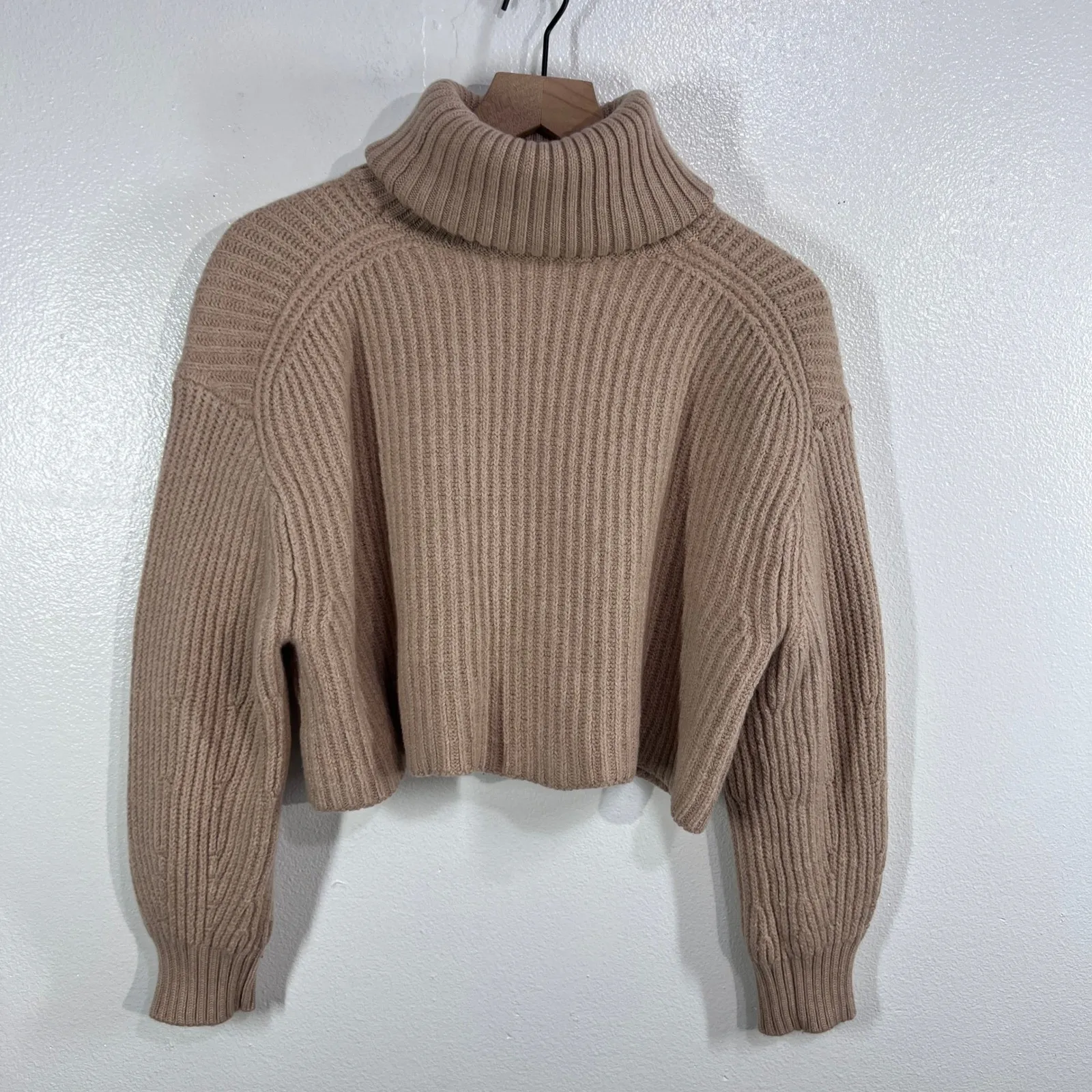 Babaton Merino Wool Cropped Turtleneck Sweater Small Tan Ribbed Knit Oversize - Image 2