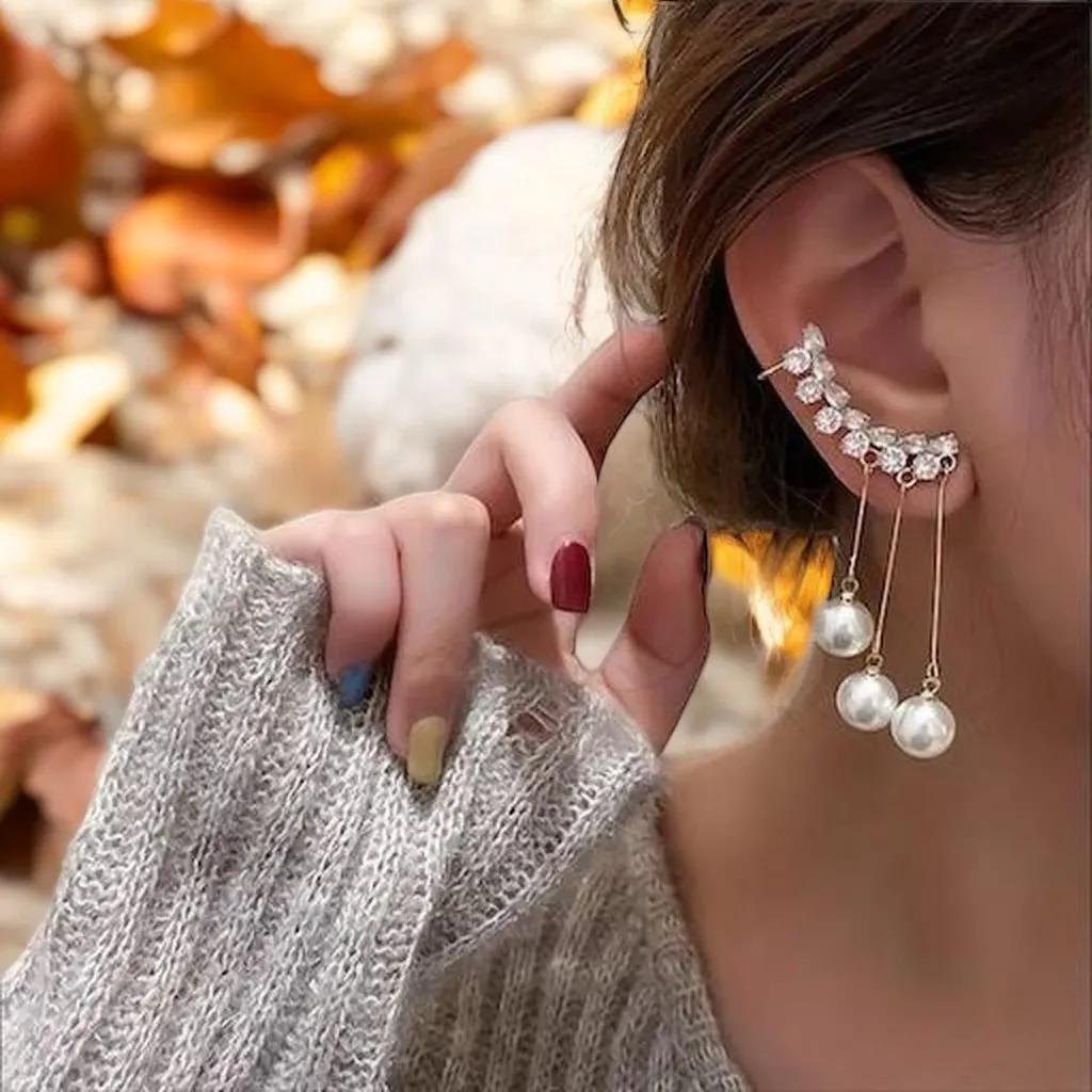 Imitation‎ Pearl Tassel Stud Earrings Inlaid Alloy Ear Jewelry Exquisite Shiny Gold - Image 4