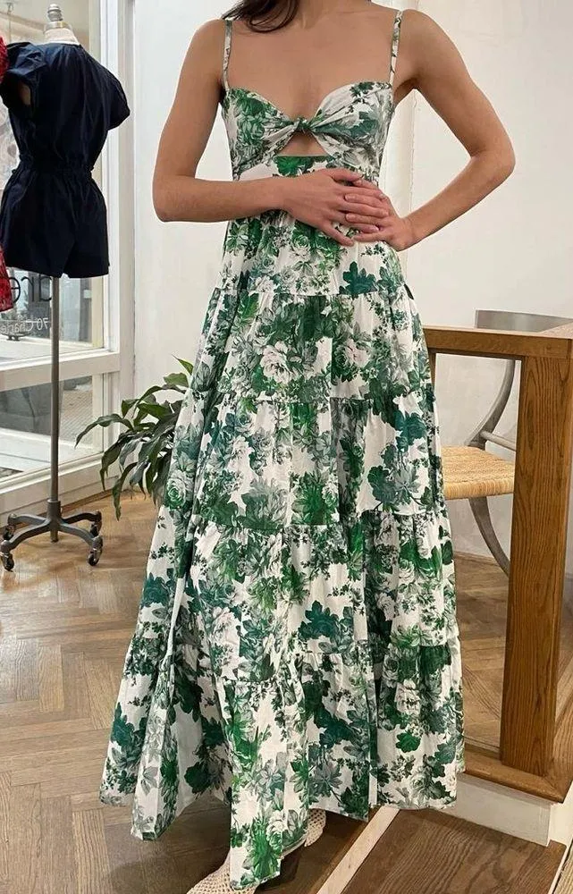 CARA CARA Green Delilah Tiered Floral Print Cutout Maxi Dress S White - Image 3