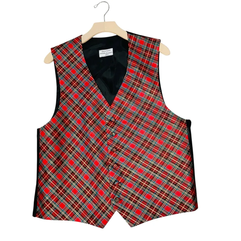 VINTAGE 90s SANTANA Sparkly Gold Christmas Plaid Vest Black Size L - Image 2