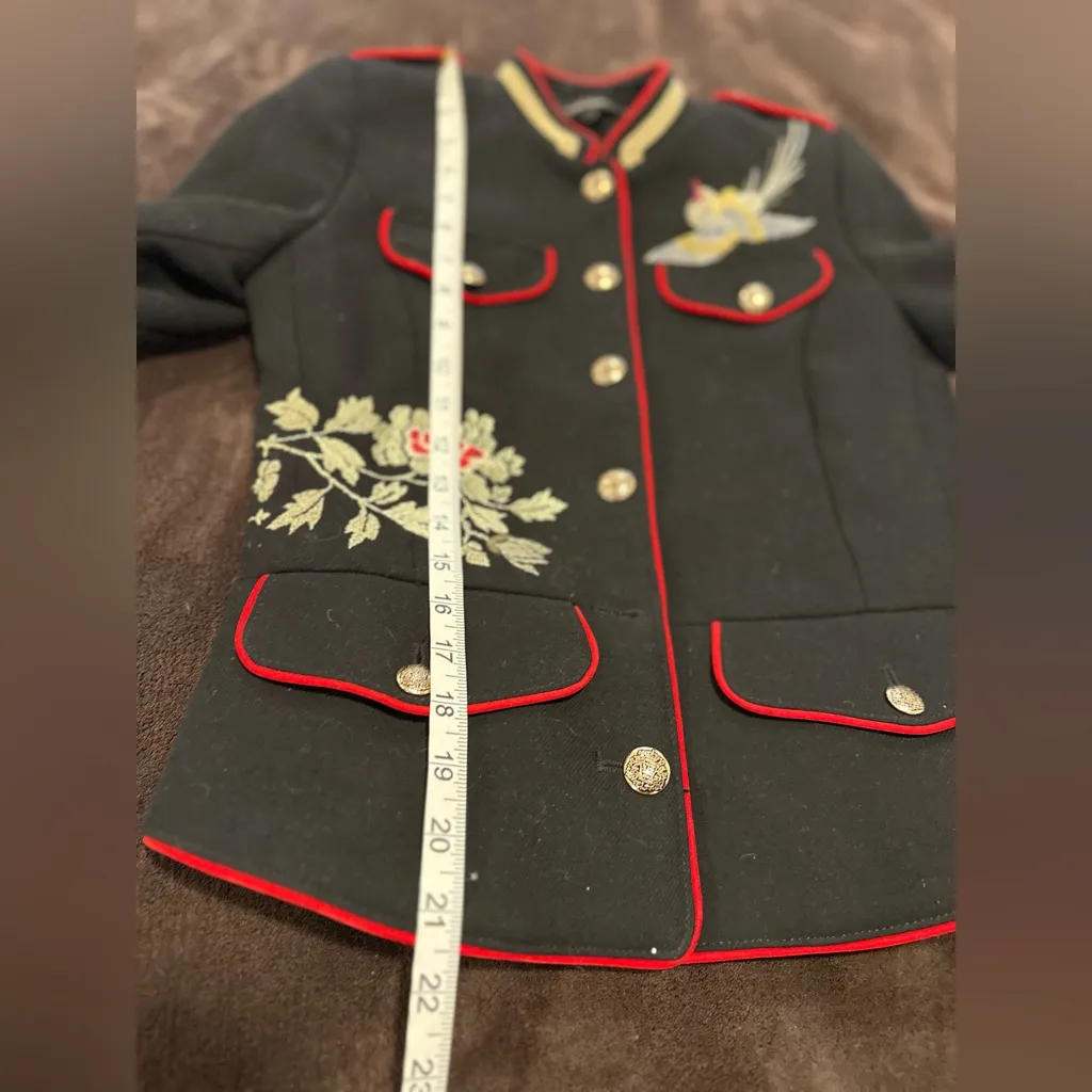 ZARA Trafaluc Sz: XS Black Military Style Embroidered Jacket Floral Birds Gold. - Image 5