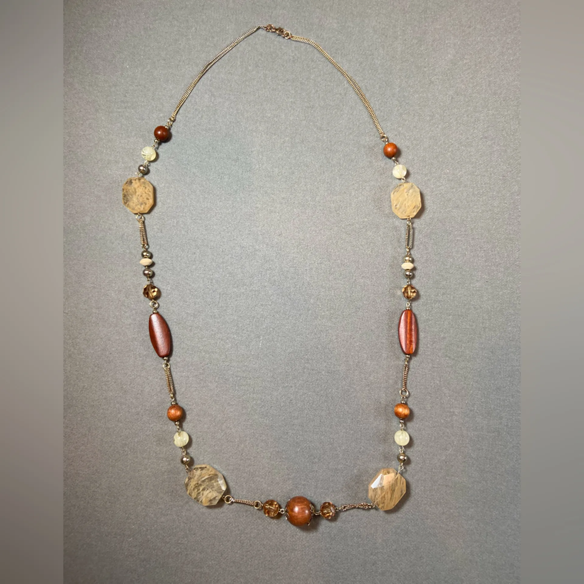 Mixed Media Necklace‎ wood, stone, pearl 20” Long Brown - Image 2