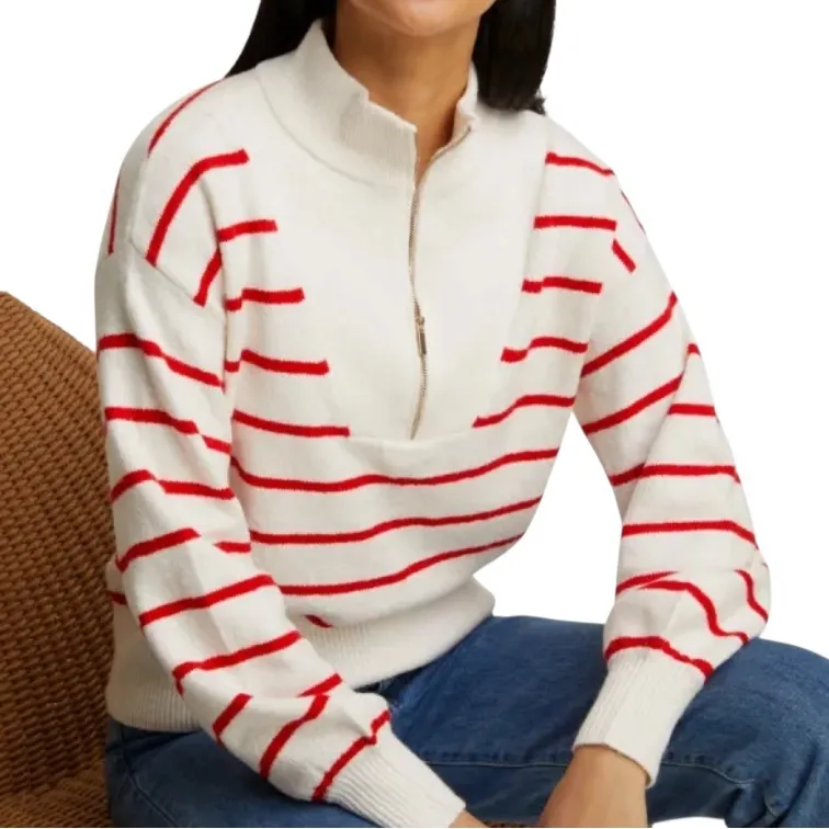New Draper James Striped Quarter Zip Sweater Red White Mariner Stripe candy cane - Image 1