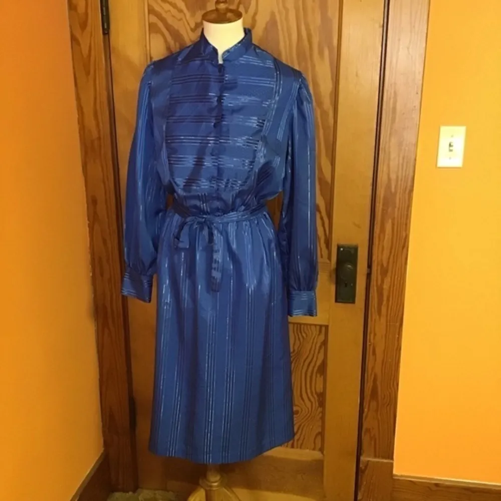 Vintage 80s Blue Midi Dress | Long Sleeve Button Up Tie Waist Dress Size 12 - Image 9