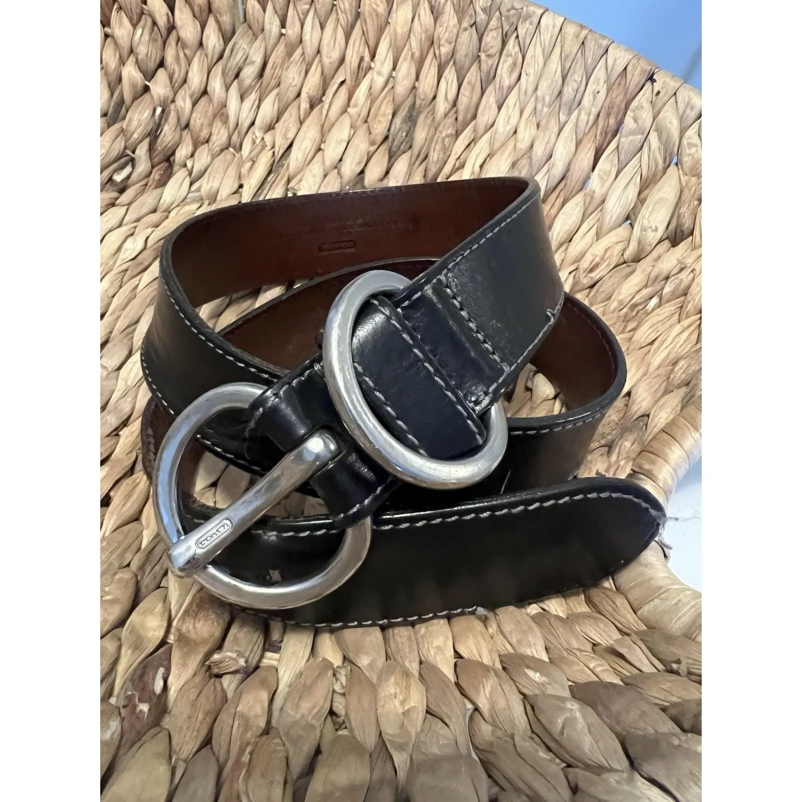 Vintage Coach  Black  Leather Belt,italy Solid Brass Buckle 3524 Small 38 1/4" - Image 6