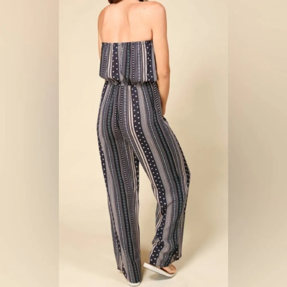 Timing Boho Strapless Wide Leg Jumpsuit Navy Blue Size Small - Image 2