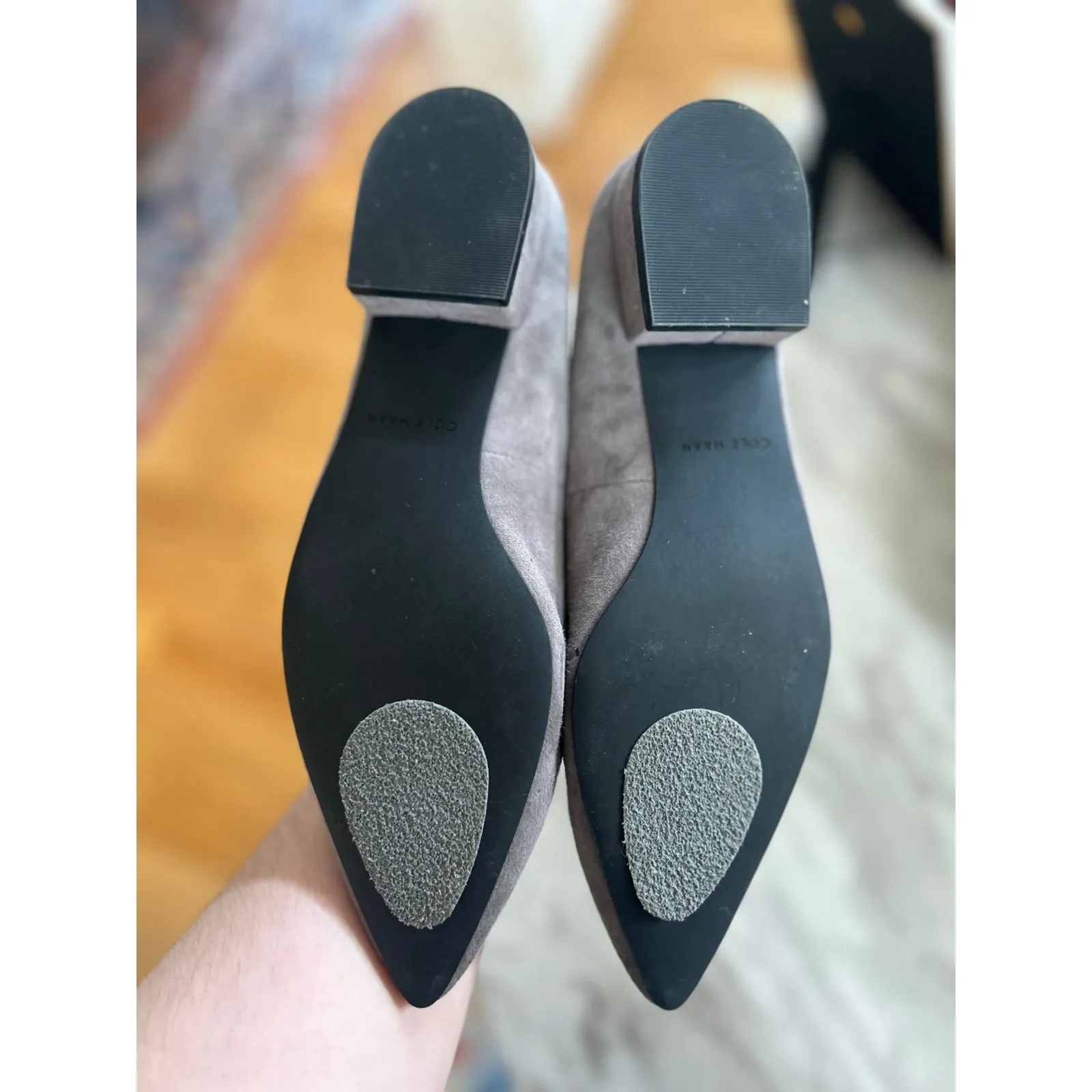 Cole Haan Light Grey Suede Pointed Toe Heeled Slip On Loafer Flats - Image 2