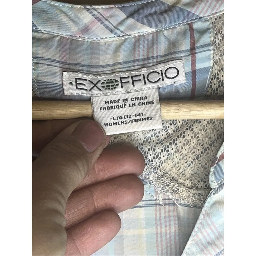 ExOfficio Shirt Womens Large Blue Pink Plaid Long Sleeves Button Outdoor Hiking - Image 2