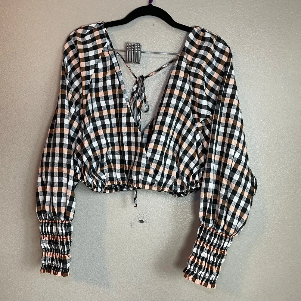 Asos Design Crop Top Sz 6 Seersucker Check Wrap Plaid Balloon Sleeves - Image 3