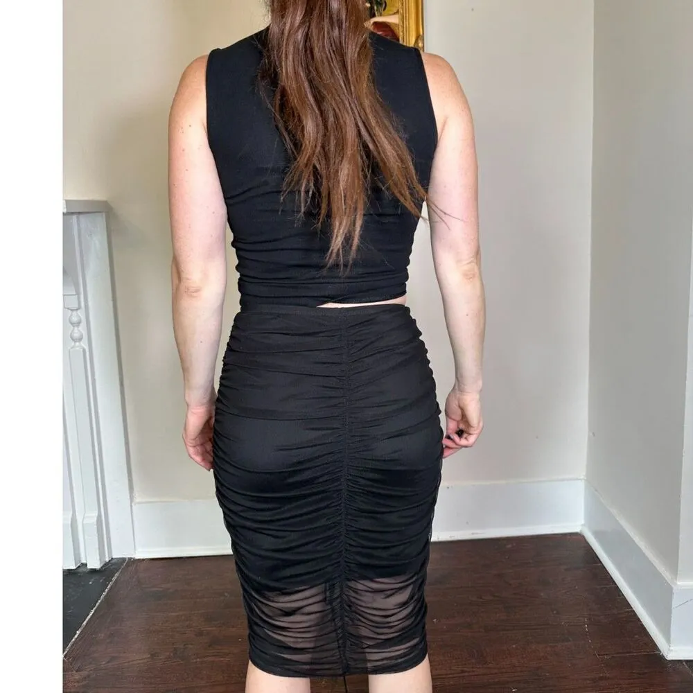 Bebe Ruched Partially Sheer Black Midi Skirt Size Medium - Image 2