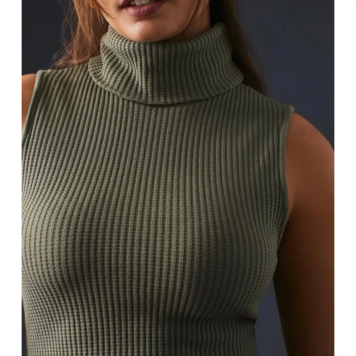 Stateside Anthropologie Olive Green Ribbed Turtleneck Sleeveless Midi Dress sz L - Image 3