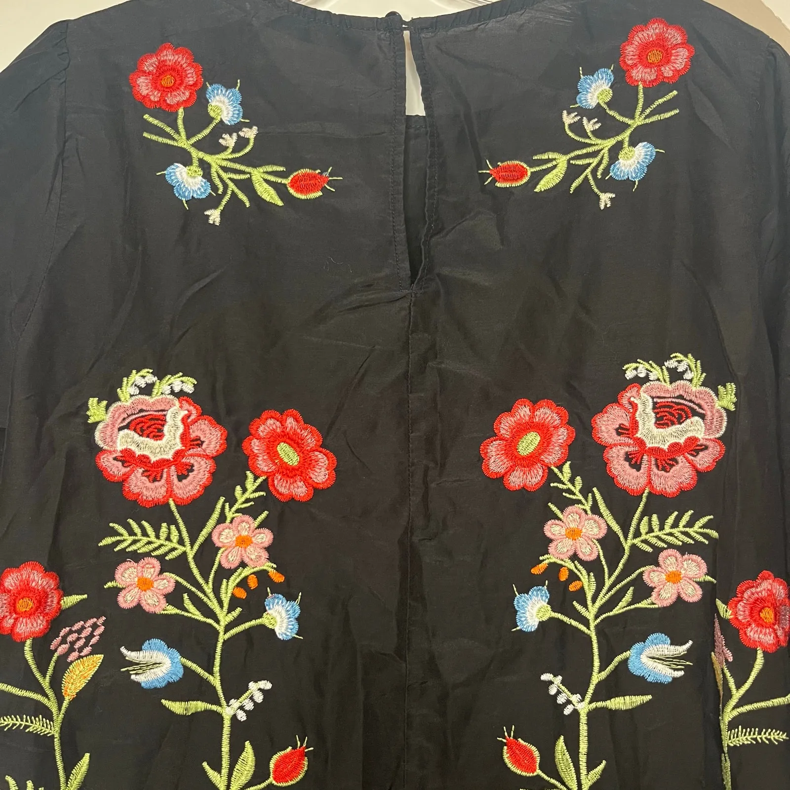 Zara Embroidered Bird & Floral Black Shift Dress Cottagecore Bohemian Sz Small - Image 11