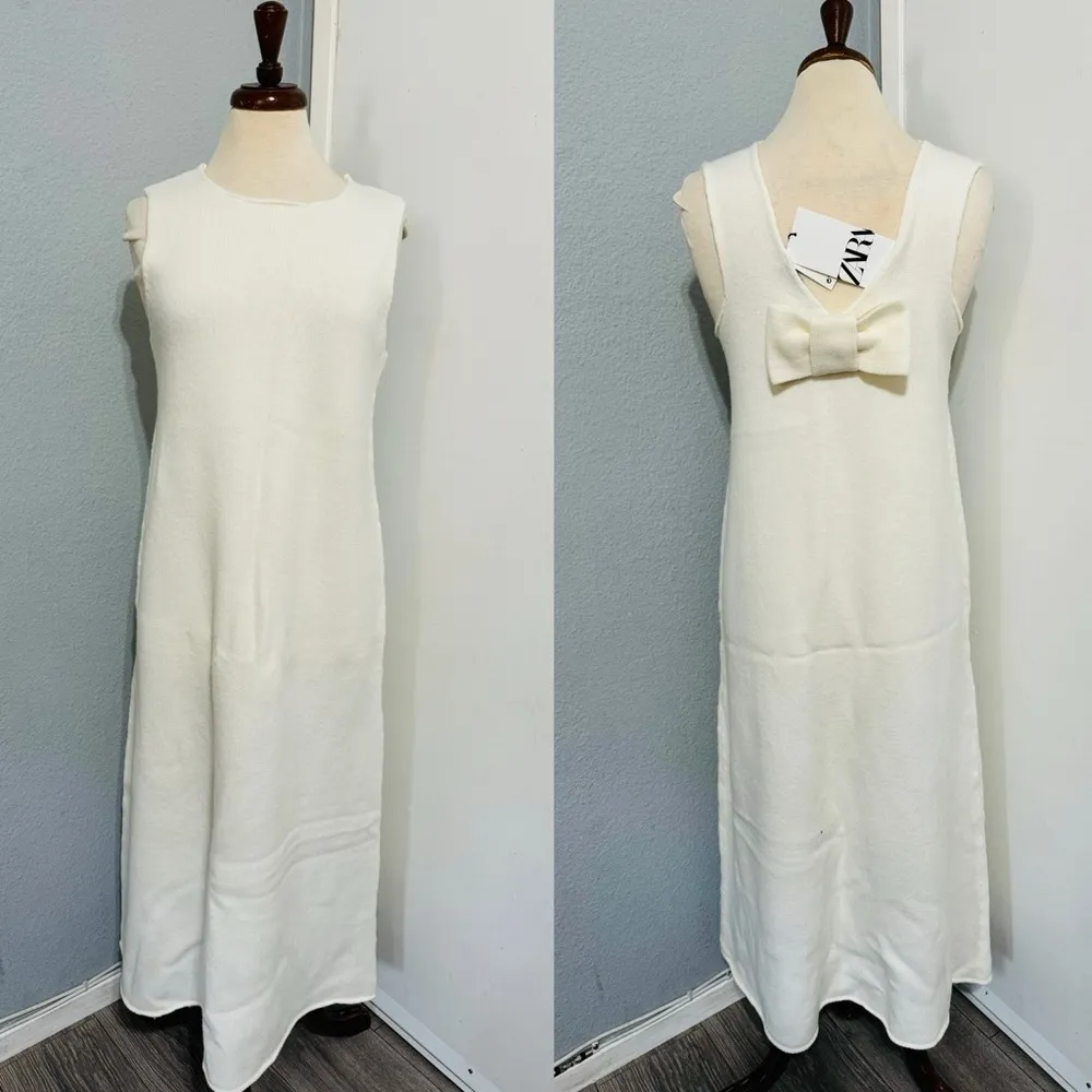 Zara Women Ecru Sleeveless Back Tie 100% Wool Midi Round Neck Cozy Dress Sz M - Image 5