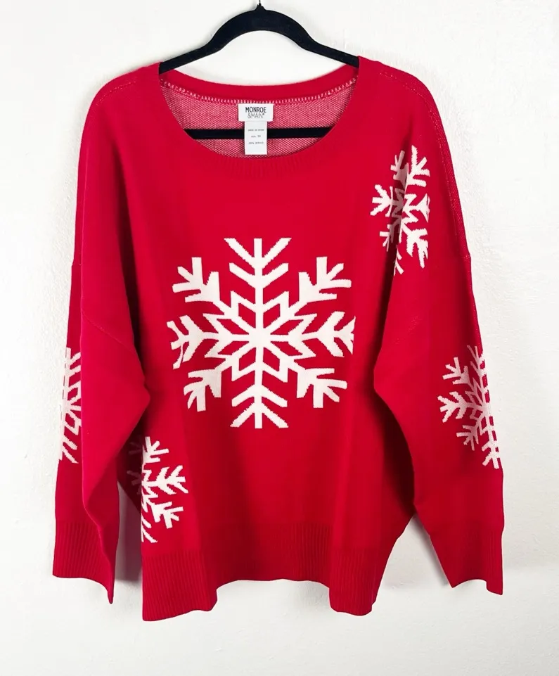 MONROE & MAIN Red Large Snowflakes Print Long Sleeves Crewneck Sweater Size 3X - Image 1