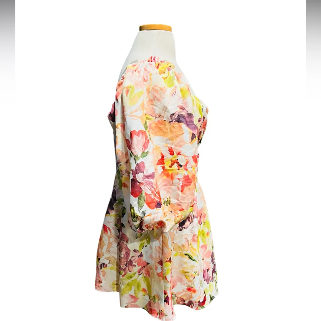 ASOS LUXE printed twisted front puff sleeve skater L dress in floral Size 12 NWT Pink - Image 6