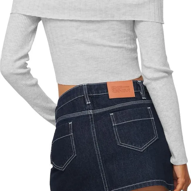 Tagula Off Shoulder Mixed Rib Crop light Gray Sweater long sleeve Women’s top - Image 3