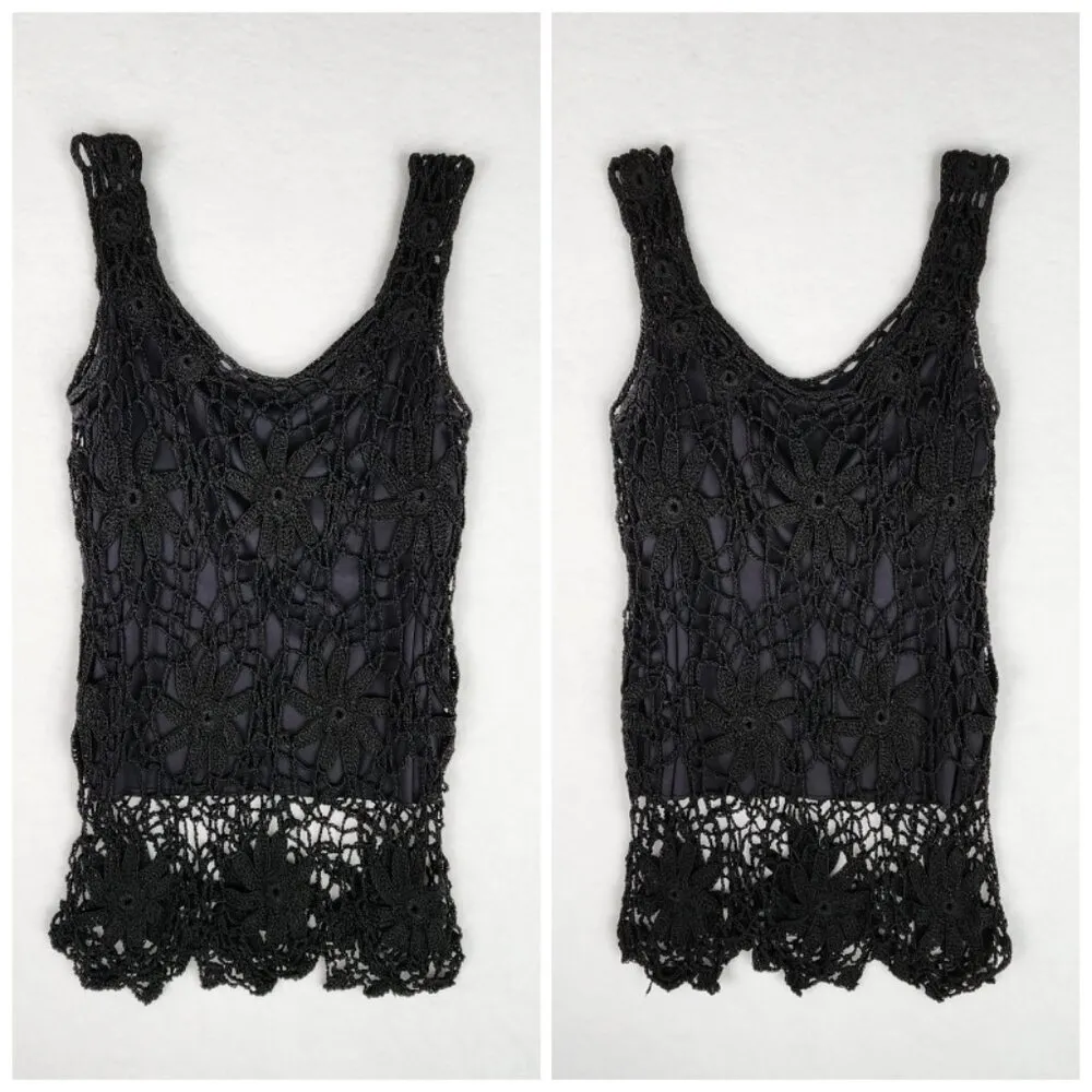 Maria Morena Womens Floral Crochet Mesh Tank Top Size S (estimated) Black - Image 6