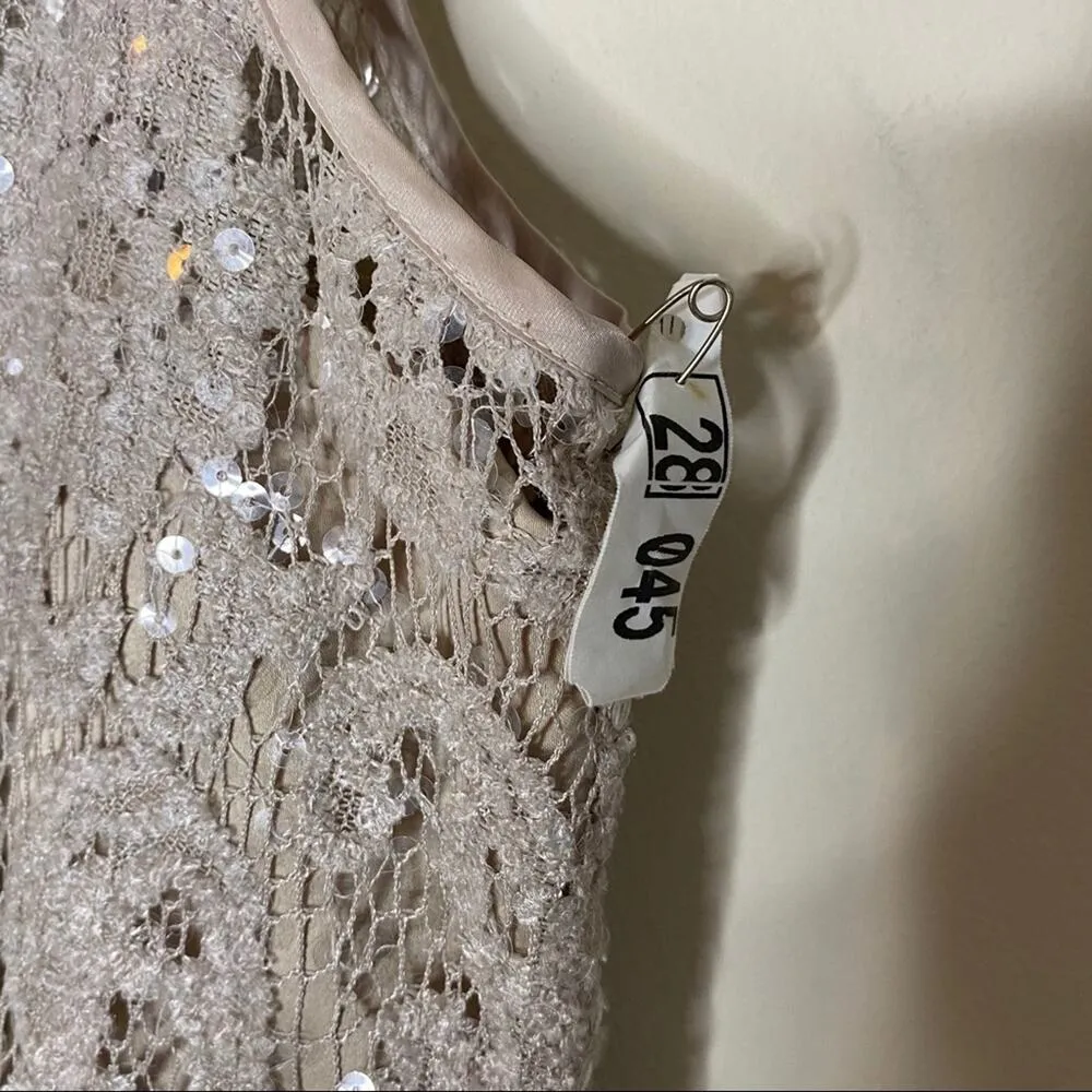 Vince Camuto Lace Sequin Sleeveless Dress Gem Waist Band Beige Cream Size 2 - Image 4