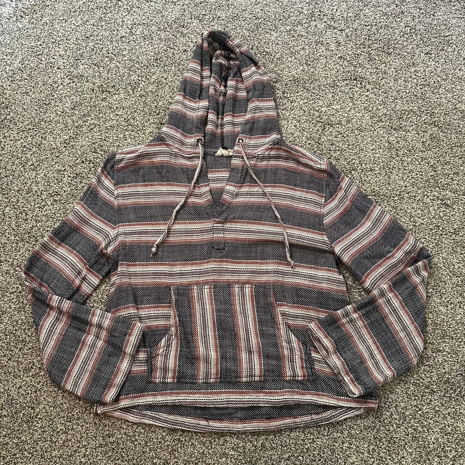 Roxy cream, black & red striped knit hooded pullover top size M - Image 5