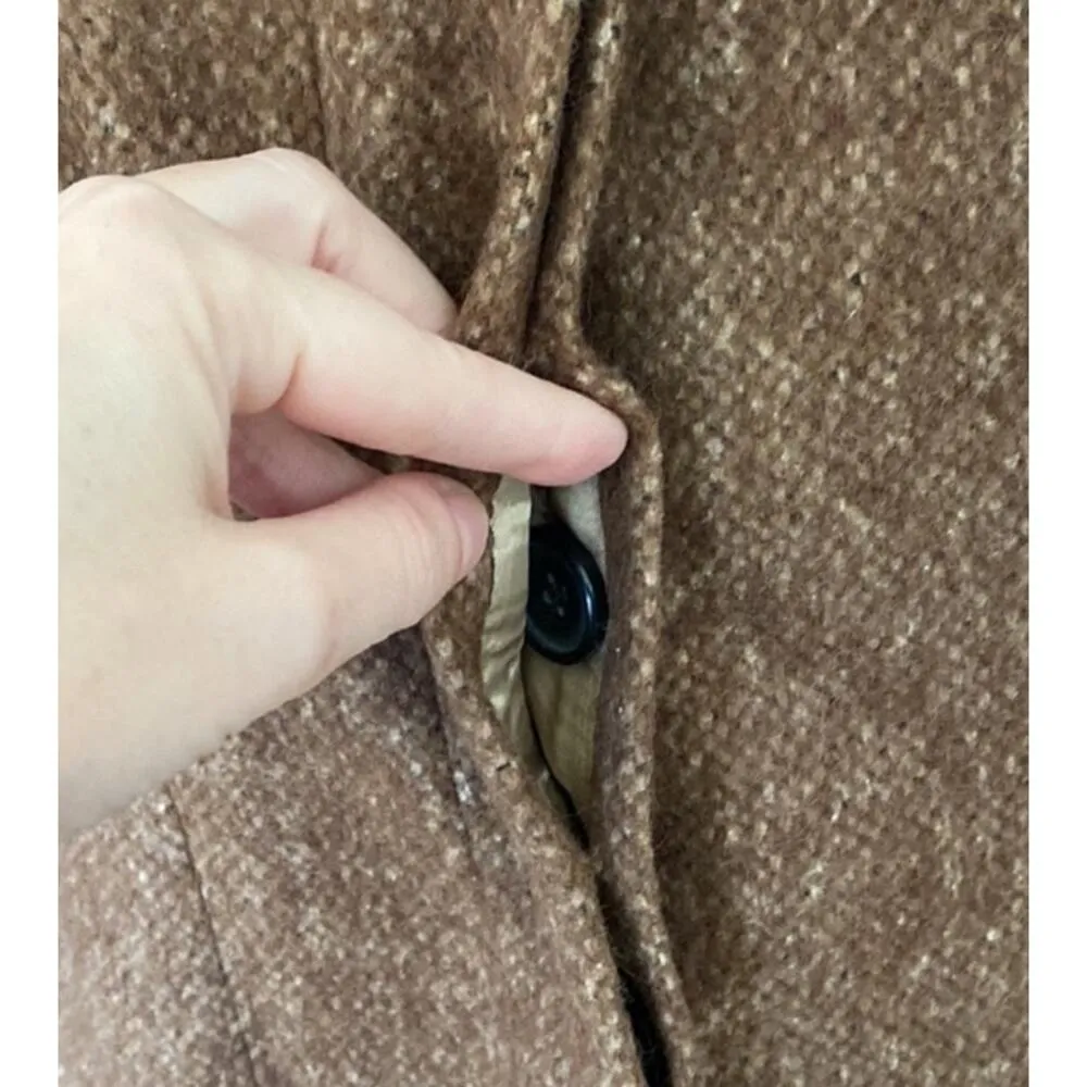 Zara Basics Wool Mohair Blend Camel Long Coat Hidden Button Puff Shoulder Medium Brown - Image 12