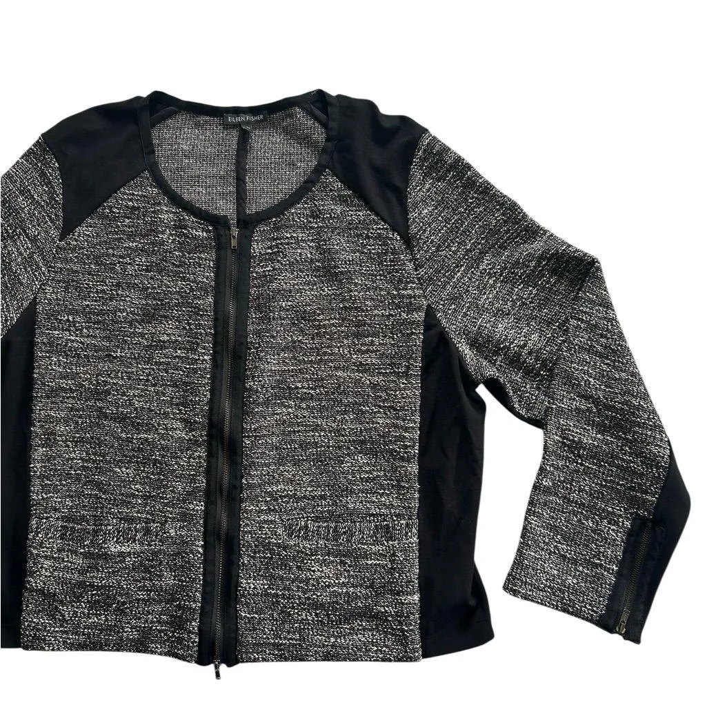 Eileen Fisher Tweedy Knitted Cotton Tweed Collarless Jacket Zipper Size XL - Image 4