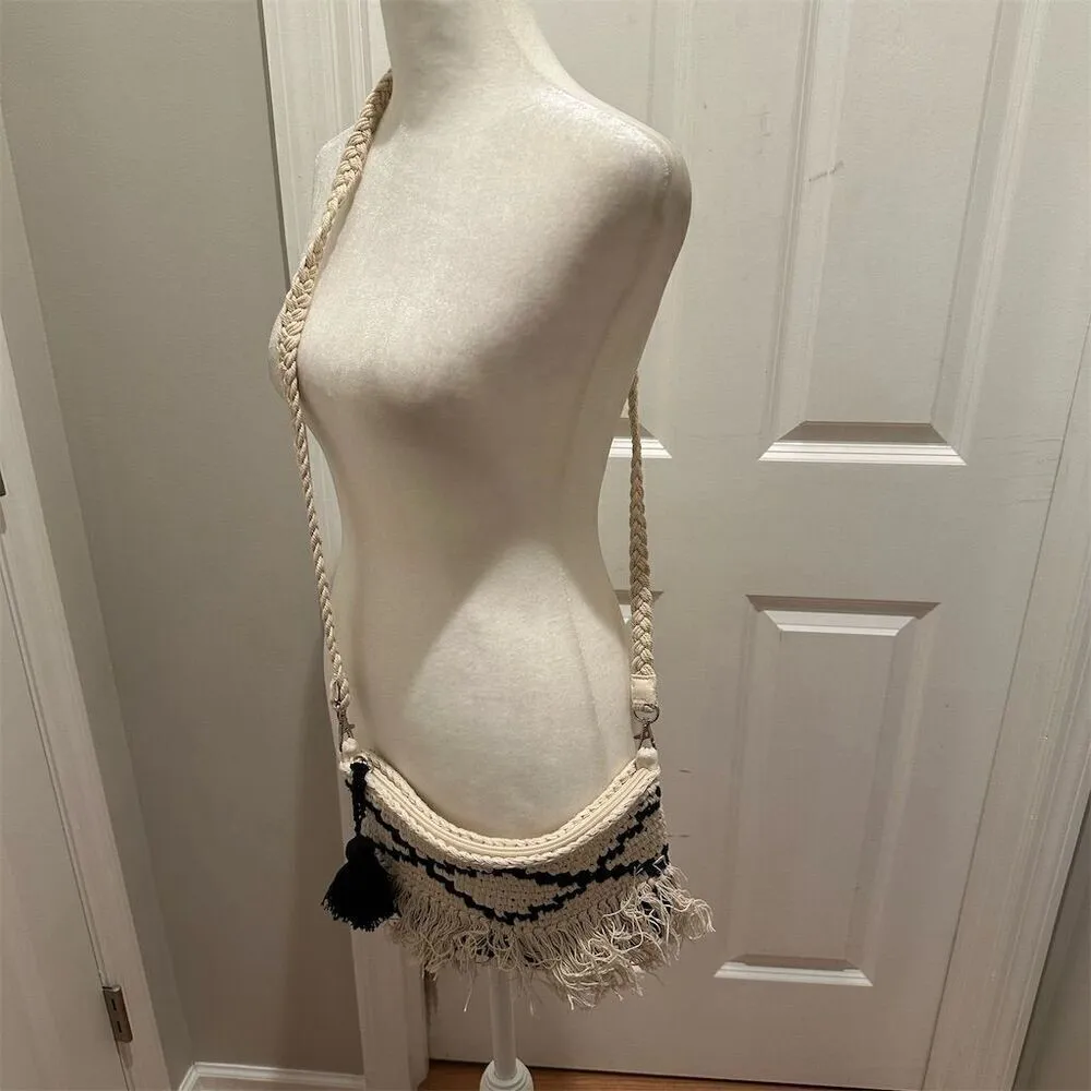 Bohemian Woven Sling Bag Black & White with Fringe & Braided purse - Image 2