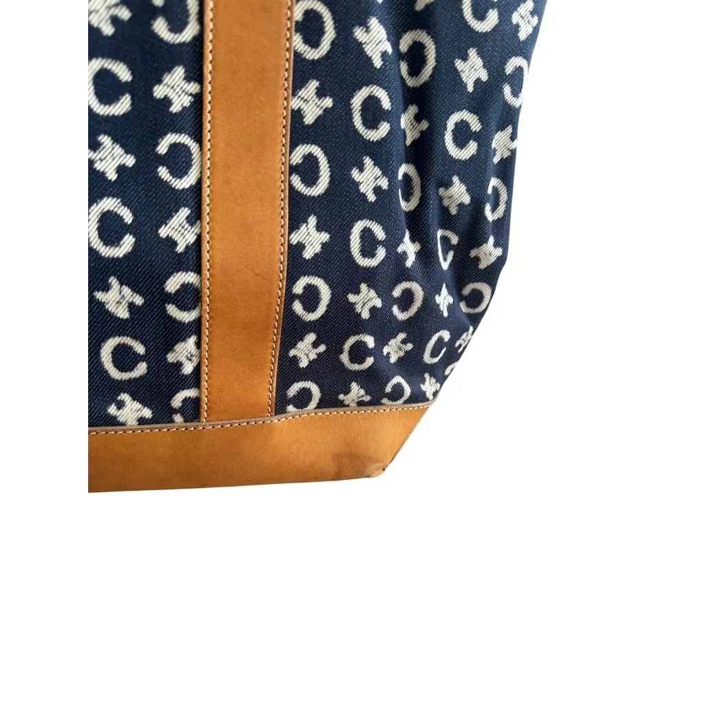 CELINE Vintage Tan Blue Macadam Tote Shoulder Bag - Image 15