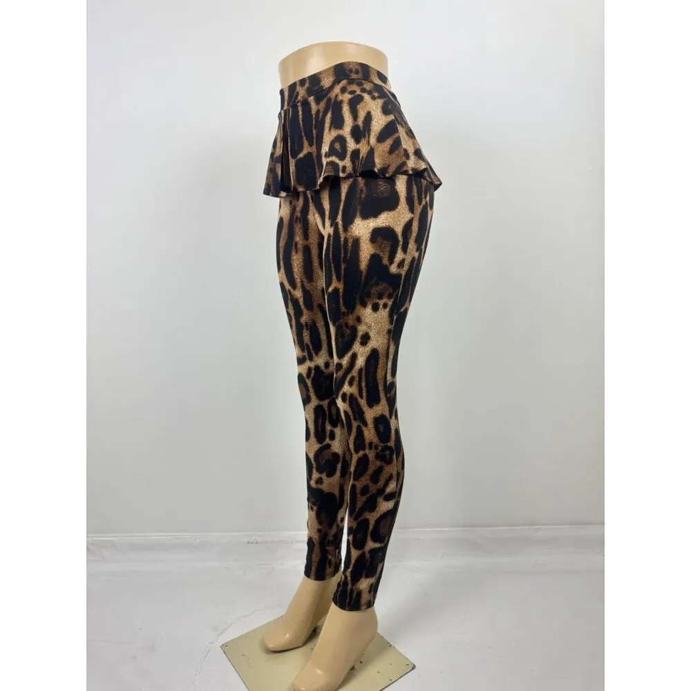 Women's Sabora Leopard Animal Print Peplum Accent Leggings Size Small Brown - Image 12