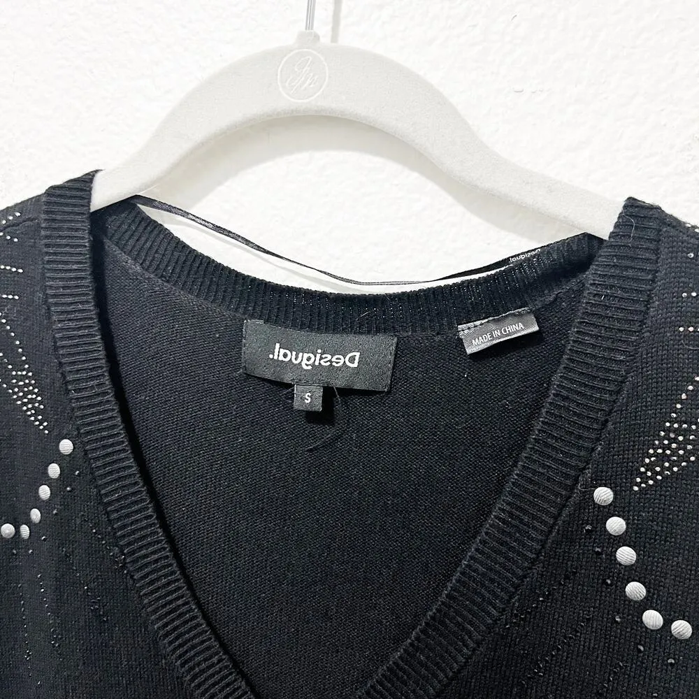 [Desigual] Black Floral Rhinestone Vancouver V-Neck Sweater Relaxed Fit Sz Small - Image 10