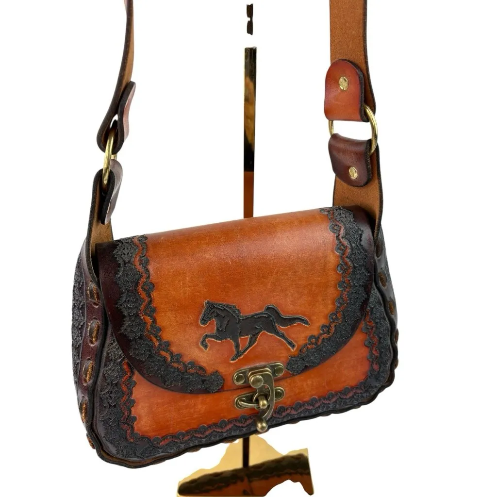 *Vintage Leather Western Purse Shoulder Bag Horse Equestrian With Wallet Brown - Image 2