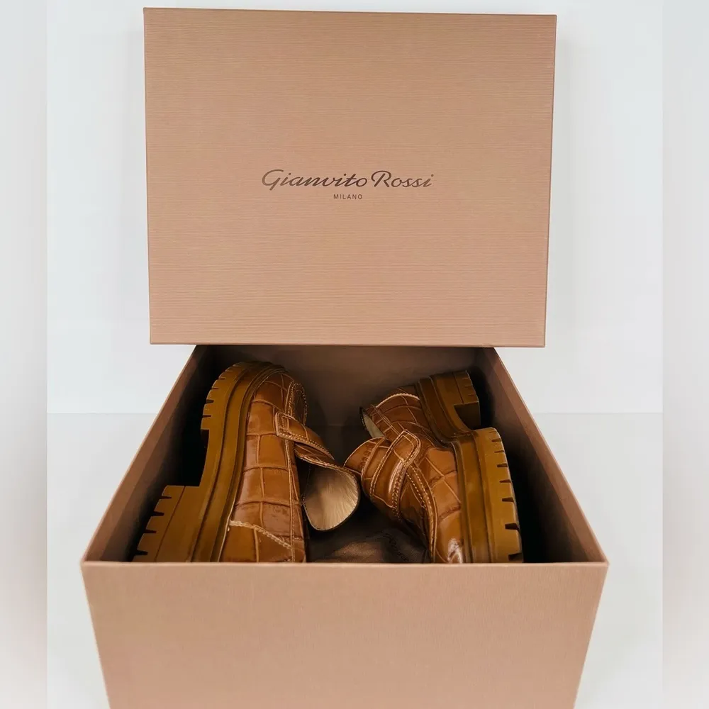 Gianvito Rossi Argo Lug Sole Croc Embossed Leather Penny Loafers Size EU 40.5 - Image 3