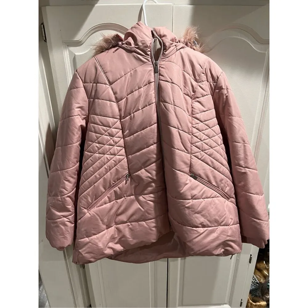 Details Women's Long Sleeve Quilted Puffer Jacket with Faux Fur Trim 2XL Pink Size XXL - Image 2