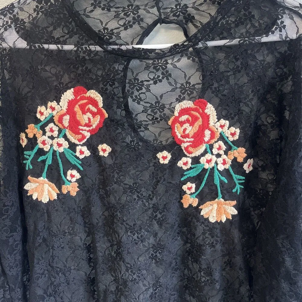 Free People Black Lace Sheer Floral Long Sleeve Dress Coverlet Size Small - Image 2