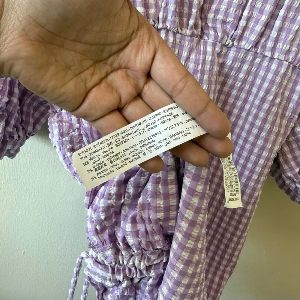 Zara Lilac Purple White Gingham Check Puff Sleeve Ruched Hem Mini Dress - Image 6