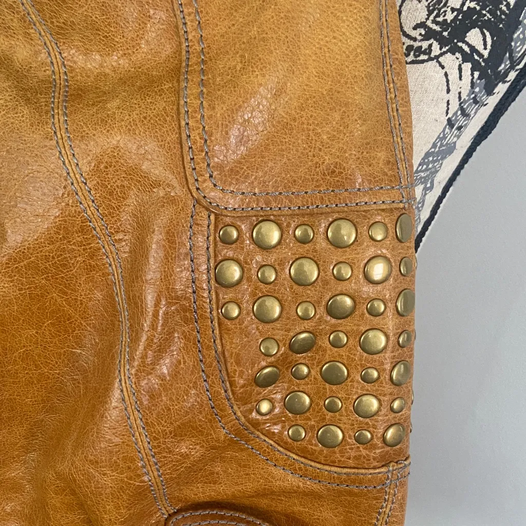 STEVEN by Steve Madden Premium Brown Leather Studded Hobo Shoulder Handbag - Image 2