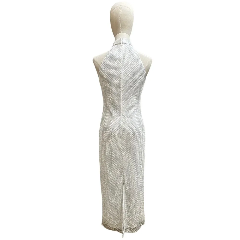 Mac Duggal Sz 4 Embellished Halter Neck White Midi Sheath Dress Formal Gala - Image 3