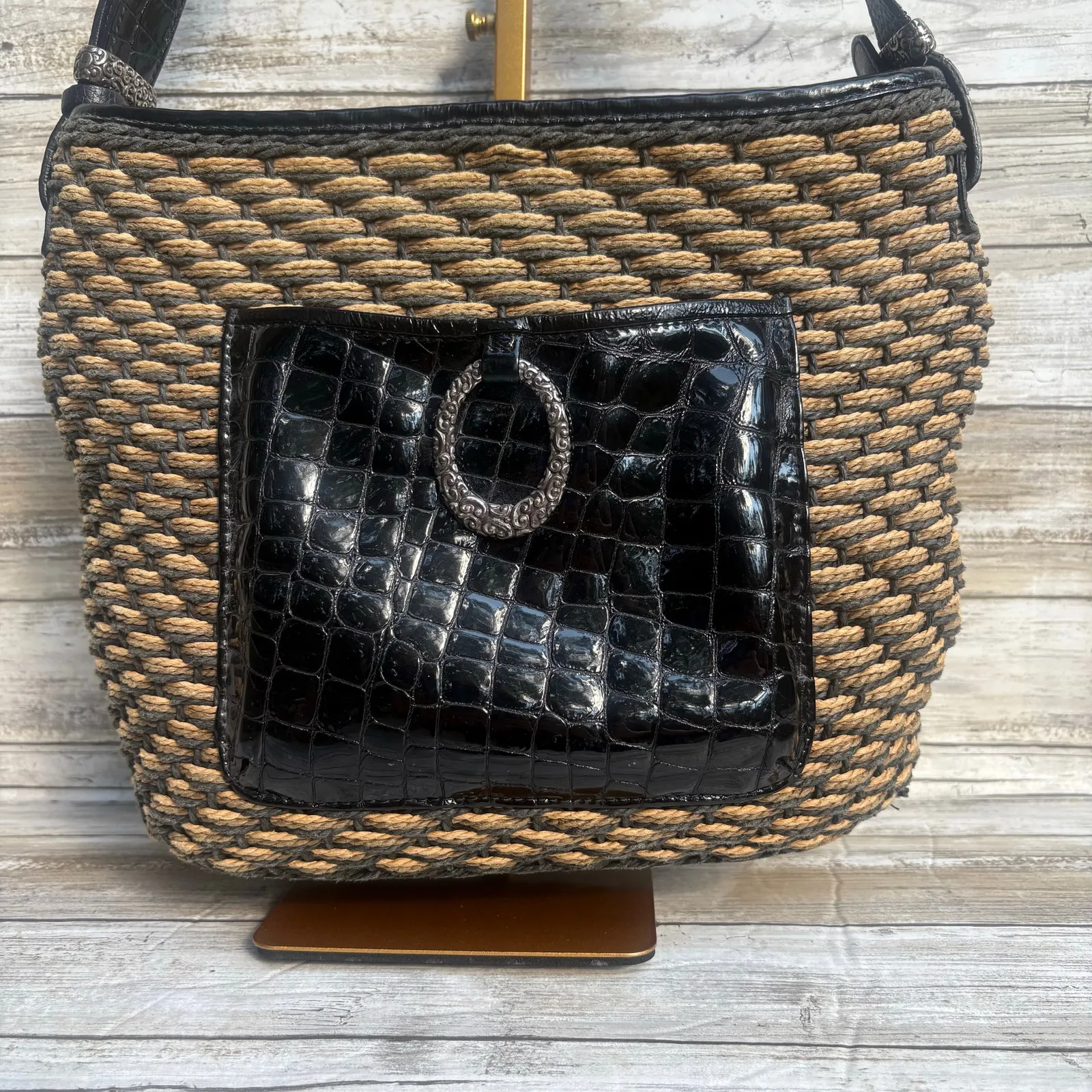VTG Brighton Purse Janie Shoulder Bag Brown Black Patent Leather Woven Straw Y2k - Image 4