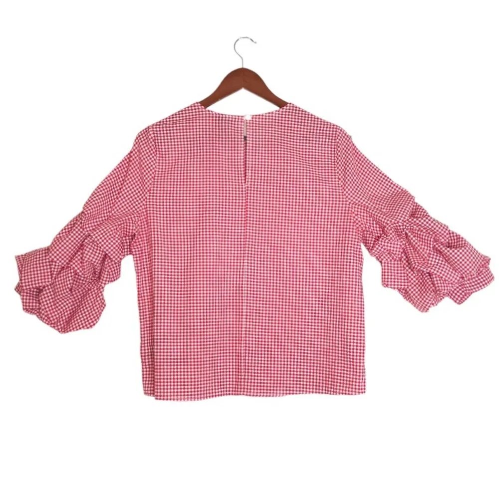 Who What Wear Red White 3/4 Pick-Up Tiered Balloon Sleeve Gingham Checkered Top - Image 4