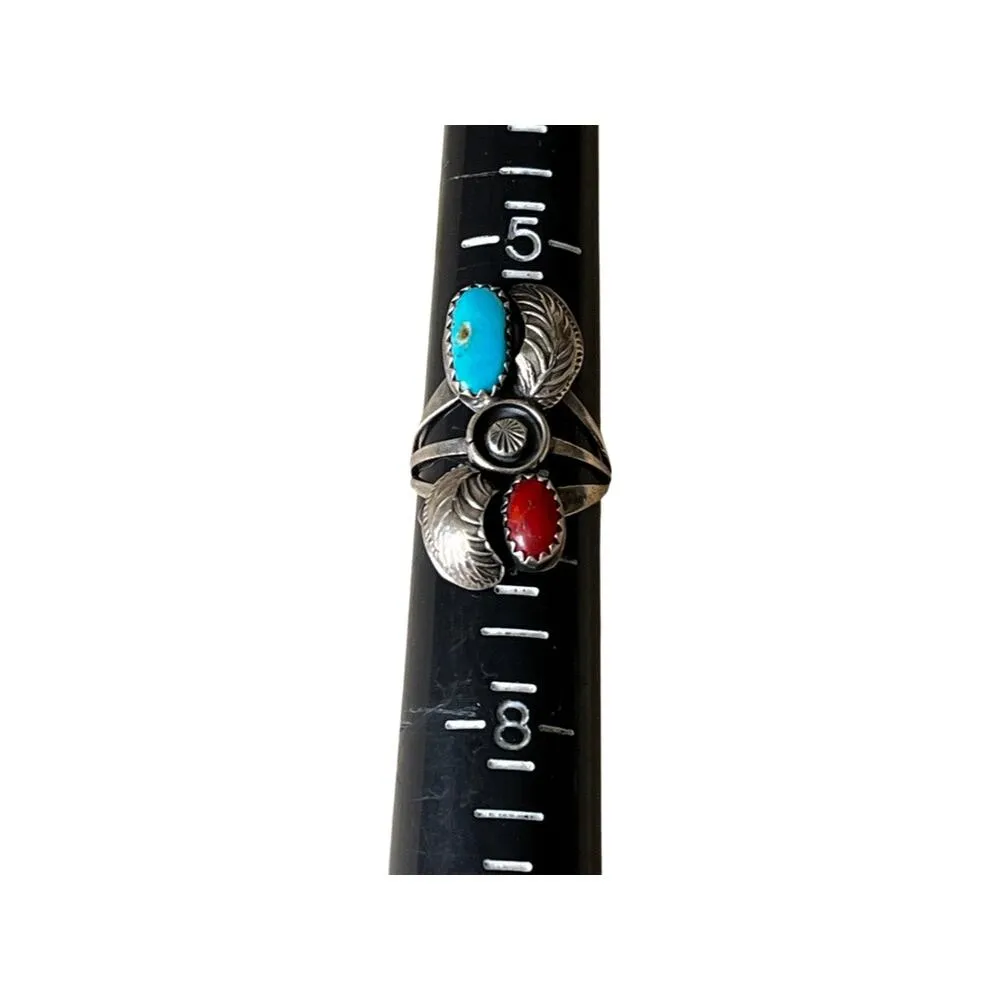 Vintage sterling silver turquoise and coral Native American ring size 6.5 - Image 5