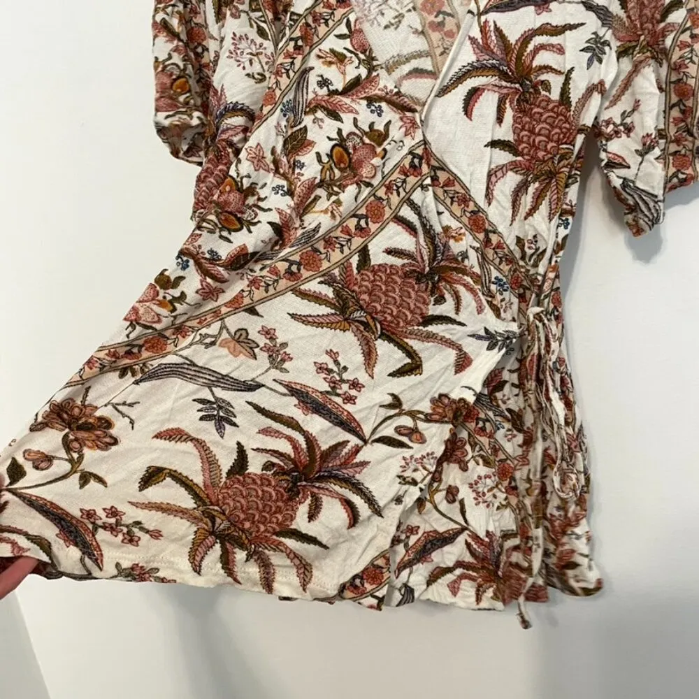 LUCKY BRAND Floral Print Wrap Top Cream Ivory Multi Short Sleeve Boho Surplice M - Image 9