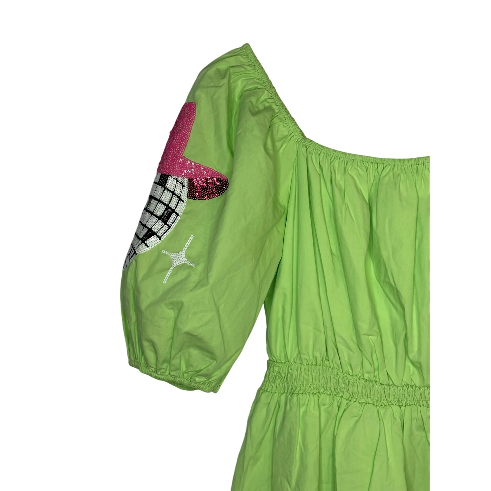 Fantastic Fawn Disco Cowgirl Mini Dress Green Sequin Puff Sleeve Size Medium - Image 5
