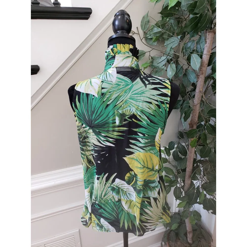 Eva Mendes Button Down Shirt Women's S Multi Palm Leaf Sheer High Collar Tie Green - Image 4