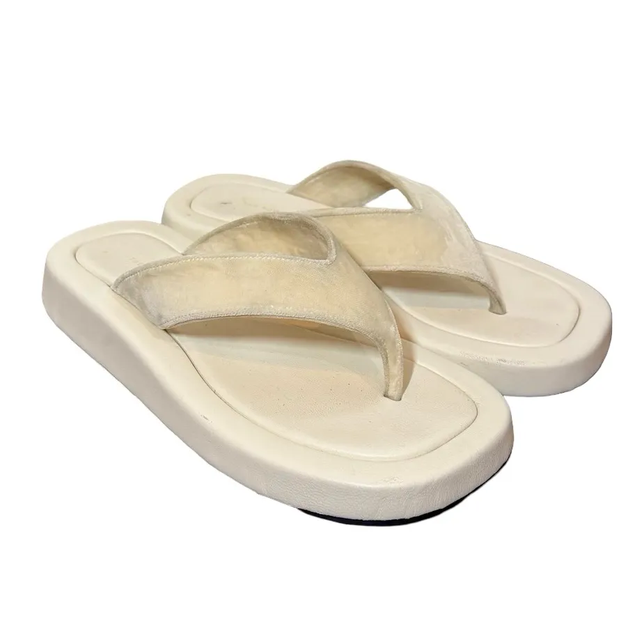 The Row Ginza Leather and Velvet Platform Flip Flops in Off White Sz:38/US8 - Image 8