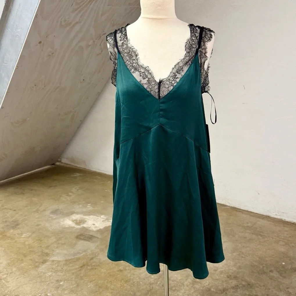 Lulus Forever My Love Emerald Green Satin Lace Sleeveless Swing Dress - Image 2